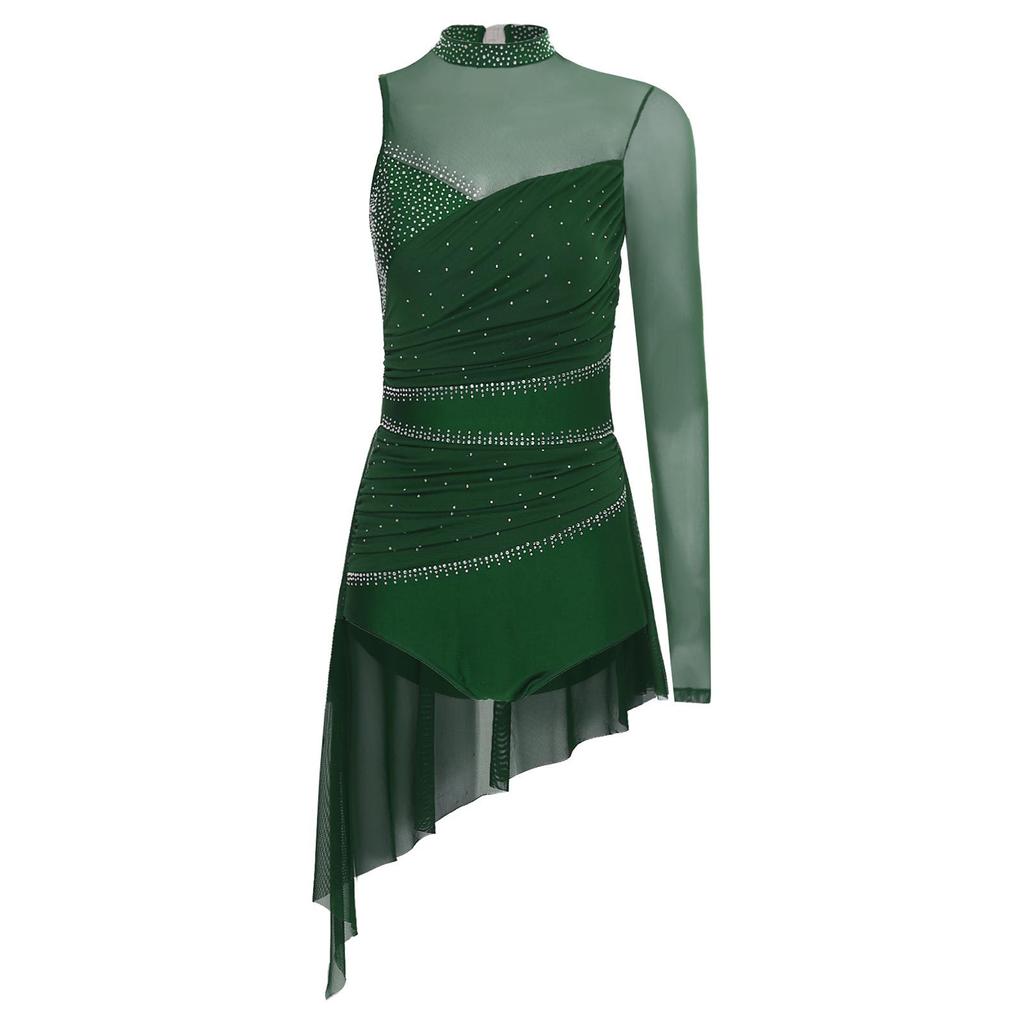 Damen Lyrisches Tanzkostüm Glitzernde Strasssteine Gerafftes Mesh-Overlay Asymmetrischer Rock-Leotard