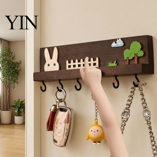 Wall Storage for Keys Mounted Wooden Key Holder, 5 Hooks Shelf, Dual Adhesive Entryway Hook Installation Options Organizer Kitchen And Living