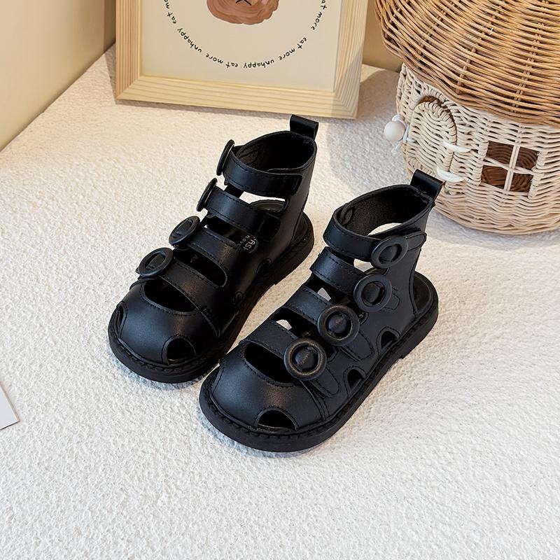 Kids Sandals High Top Hollowed-out Girls Princess Shoes Hook&loop Ins Trendy 2025 Summer New Children Beach Shoes Soild Color