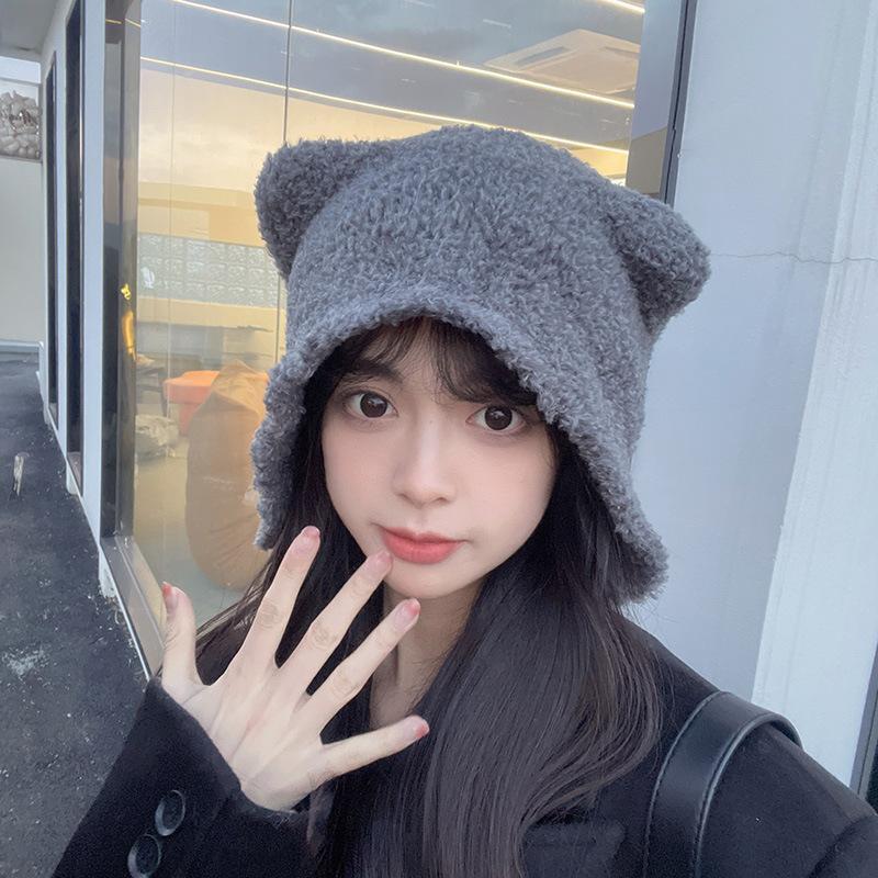 Bear hat women's autumn and winter warm ear protection knitted hat big head circumference show face small bucket hat