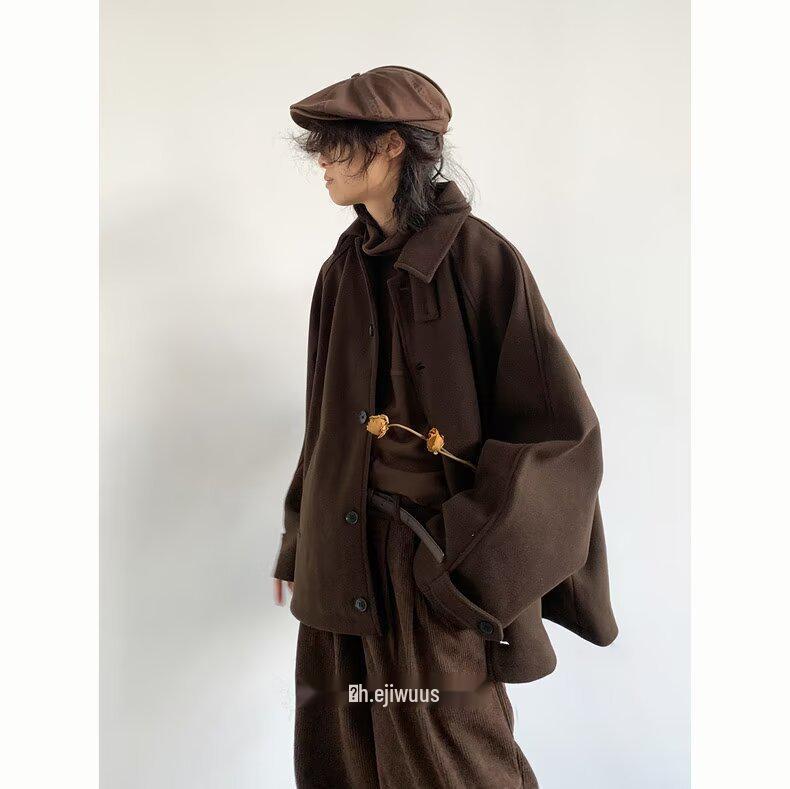 Unisex Retro Japanese Woolen Coat - Single-Breasted, Loose Fit, Raglan Sleeve