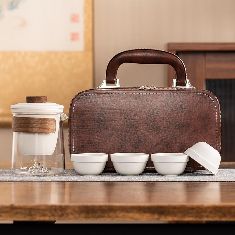 Hand-painted distant mountain travel tea set, high-end outdoor portable Kung Fu tea set, tea cup light luxury gift box set, commemorative gift.