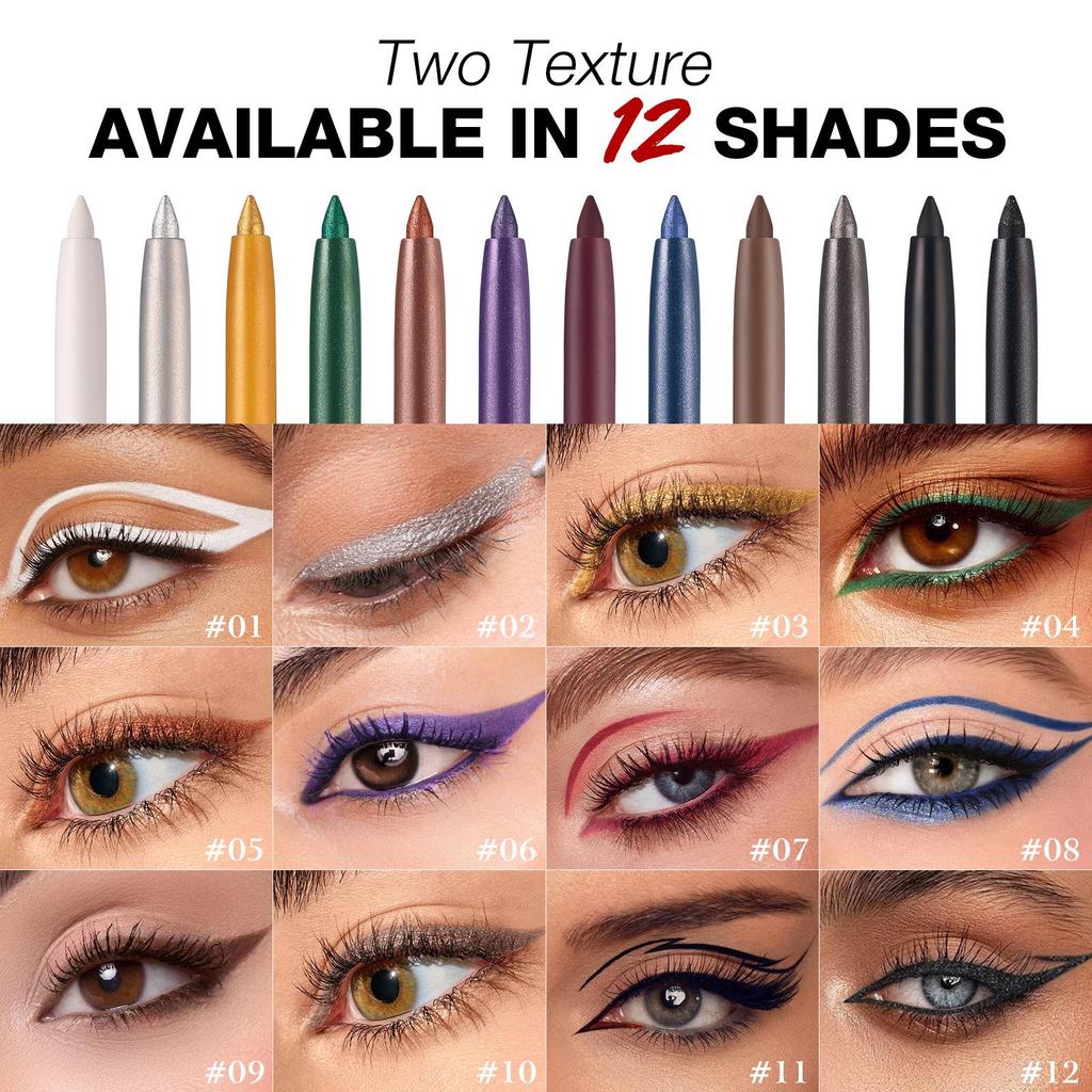Matte Glitter Waterproof Eyeliner Pencil with Concealer Pen - Fast Dry, Long Lasting, Smooth Application In Blue, Brown, and More