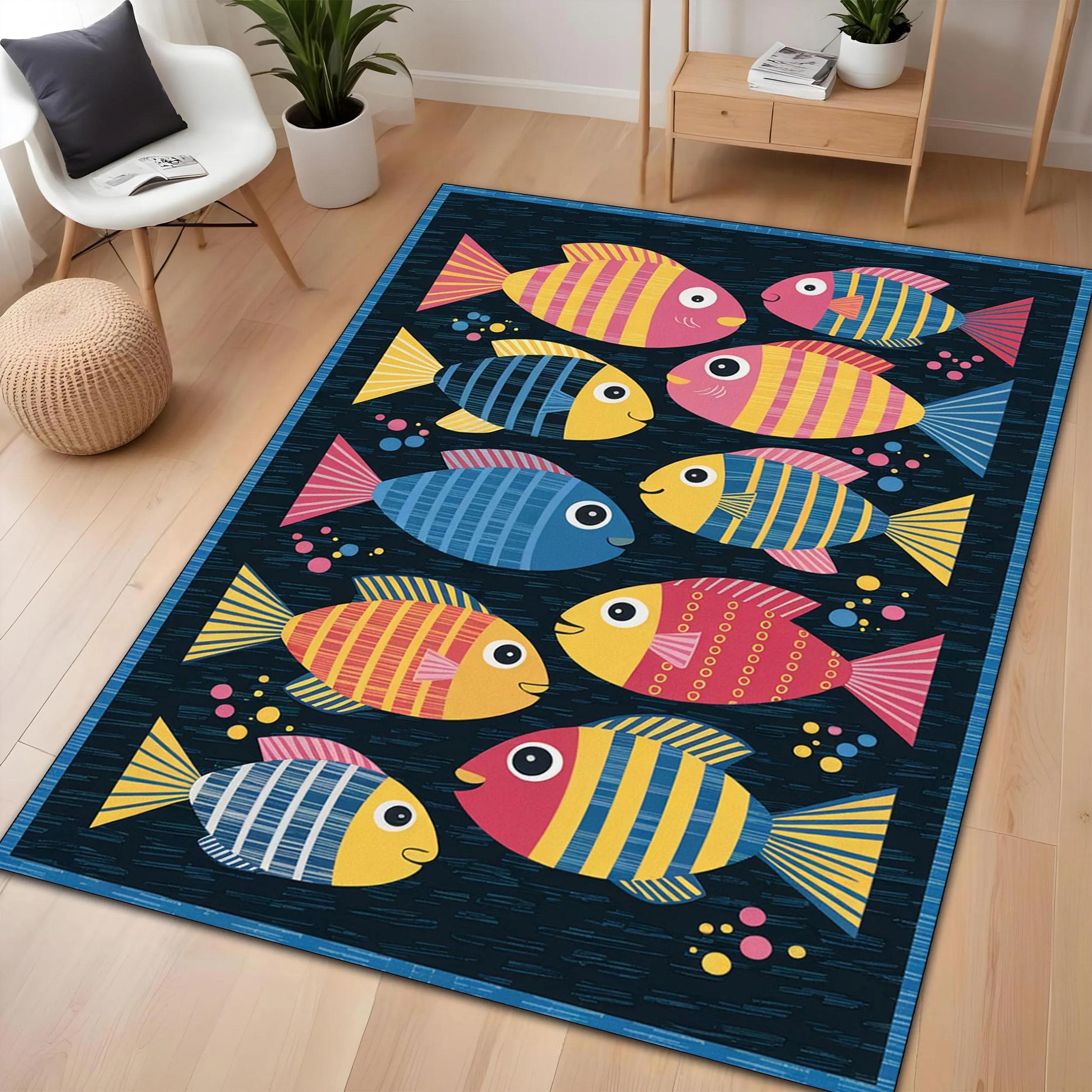 

Colorful Striped Abstract Fish Pattern Carpet Simple Striped Border Non-slip Mat Home Decoration Carpet Children s Play Mat 40X60CM
