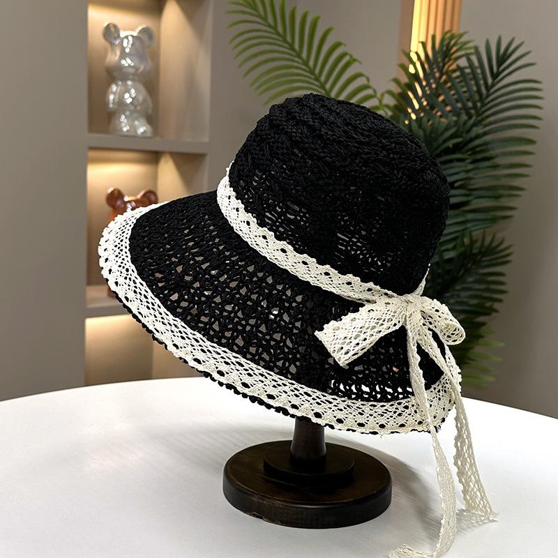 

Новая повседневная шляпа от солнца, женская летняя шляпа с бантом и кружевным краем, повседневная солнцезащитная шляпа one size чёрный