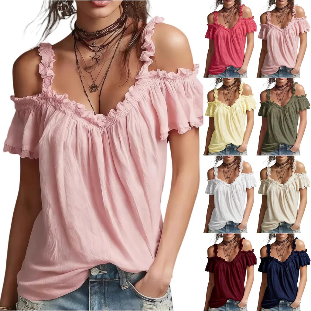 Blusa da Donna a Spalle Scoperte con Maniche a Volant Vestibilità Larga Top Estivo Pullover Casual Leggero per Uso Quotidiano