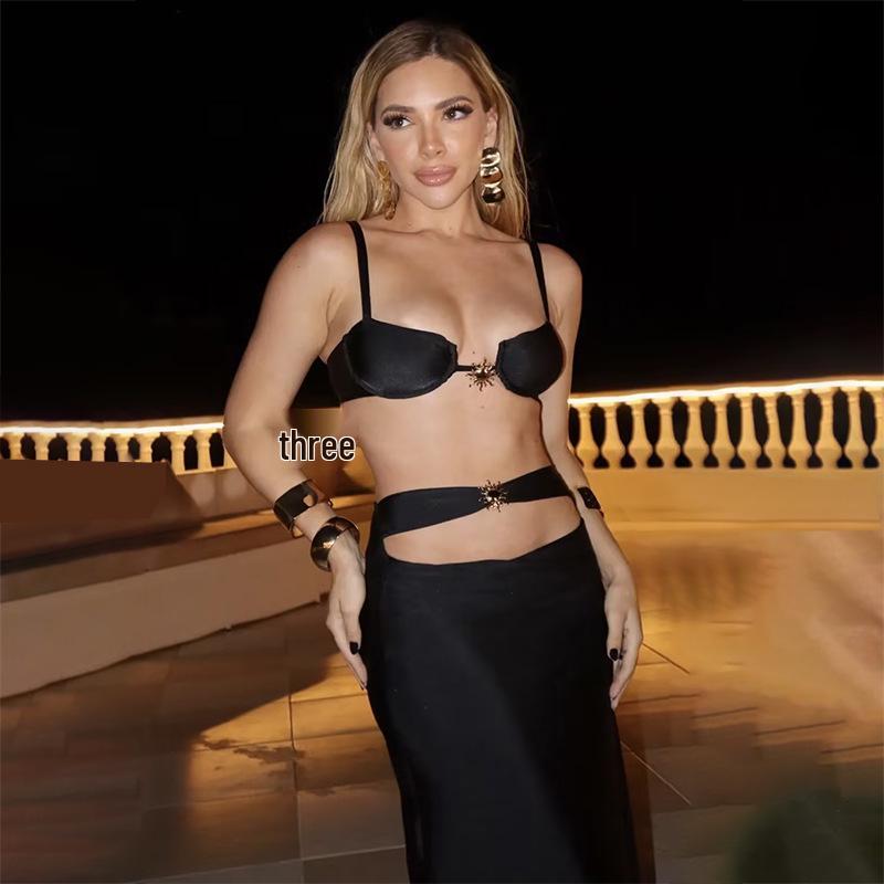 Женский трехсекционный купальник однотонный 2024: Сексуальный европейский и американский бикини с завязками Medium чёрный