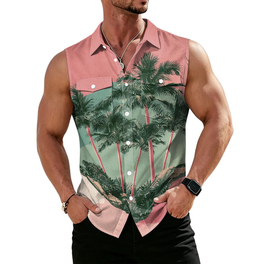 Men's Workwear Lapel Button-Down Vest Shirt - Lightweight Sleeveless Top