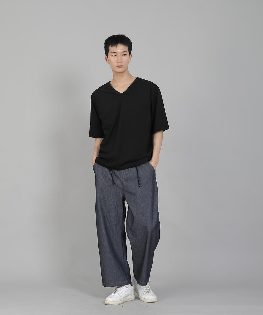 Seinteukeulu Plain V-Neck 16S Cotton Knee-Length Short Sleeve T-Shirt V-8A01 Black