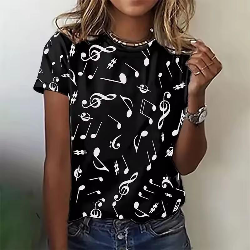 Fashion Music T Shirt Ladies Summer Crew Neck Casual Note 3D Print Funny T-shirts Streetwear Elegant White Black Womens Clothes