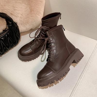 2024 Damen Echtleder Stiefeletten 2024 Herbst/Winter 2024 Plüsch Dicke Sohle Britischer Stil Erhöhte Mittellange Kurze Stiefel