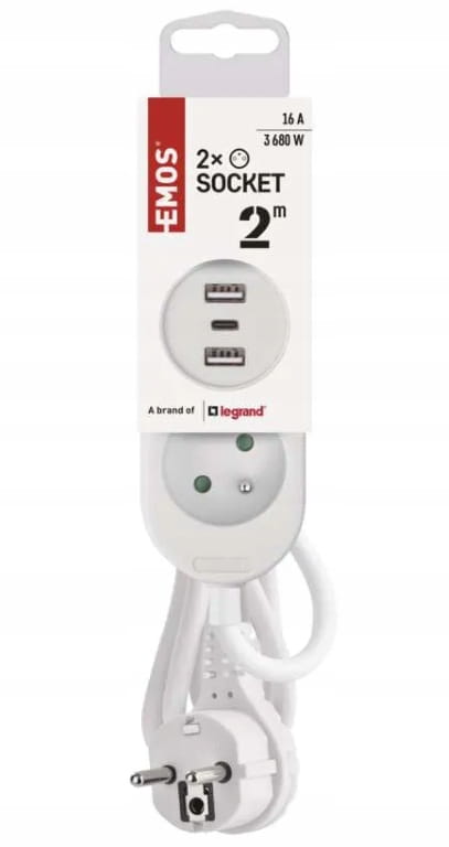 Extension Lead, 2 Sockets + 2xUSB A + USB C, 2m