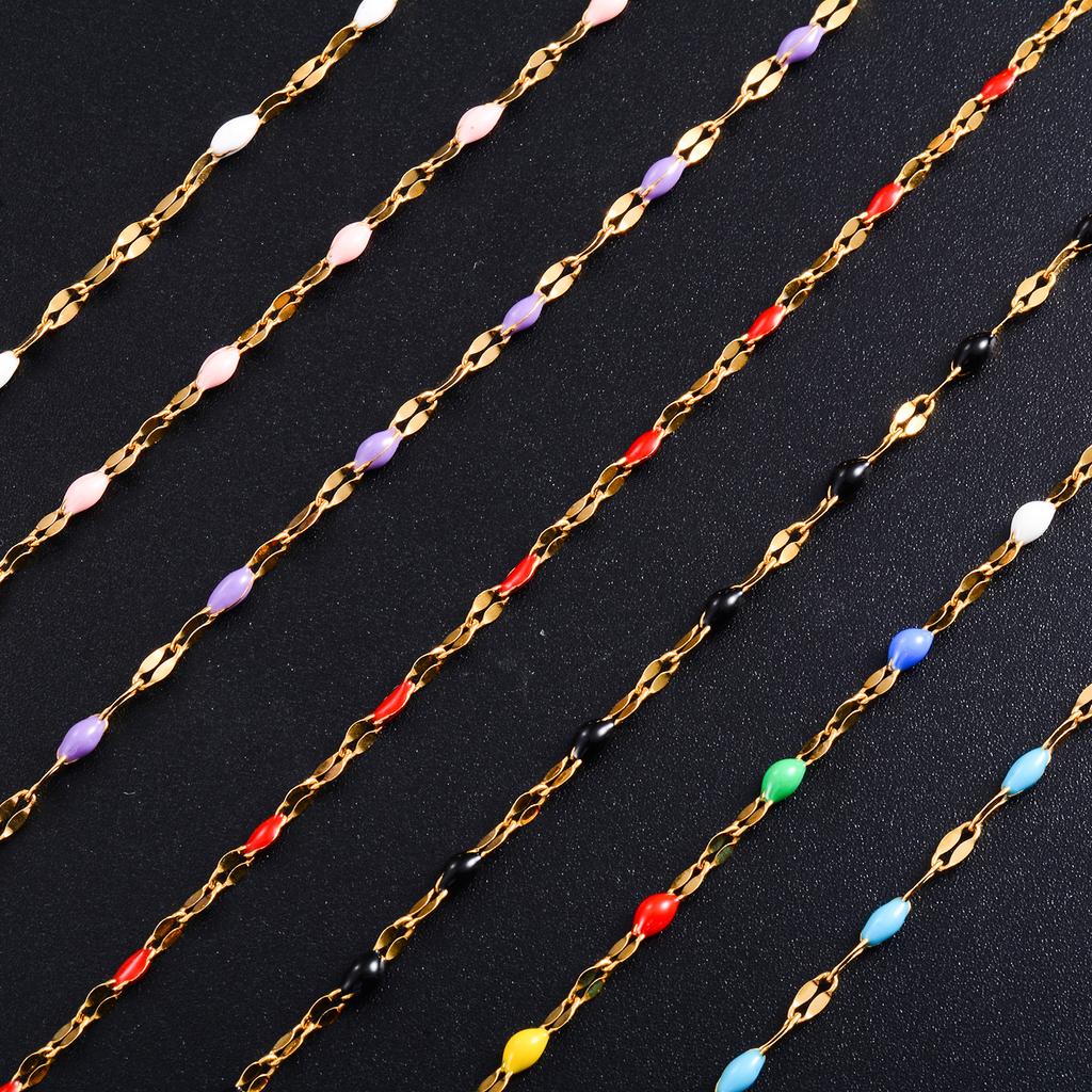 2.5mm Wide Gold Color Stainless Steel Lip Link  Chain Multi color Enamel Bead Necklace for Men Women Fashion Jewelry Gift