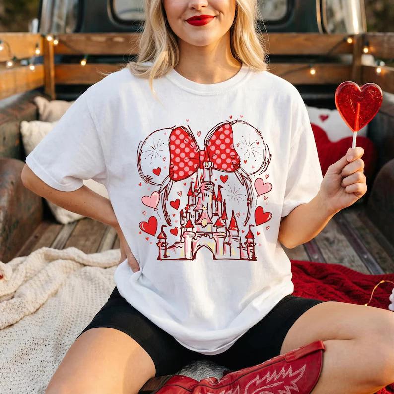 Minnie Mouse Watercolor Castle Valentine Shirt Cute land Love TShirt S