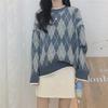 Autumn Winter Vintage Rhombus Plaid Sweater Women Thick Warm Loose Pullover Sweater Tops Bottoming /outwear
