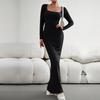 Herbst Damen Einfarbig Slim Fit Strickkleid Langarm Eckiger Ausschnitt