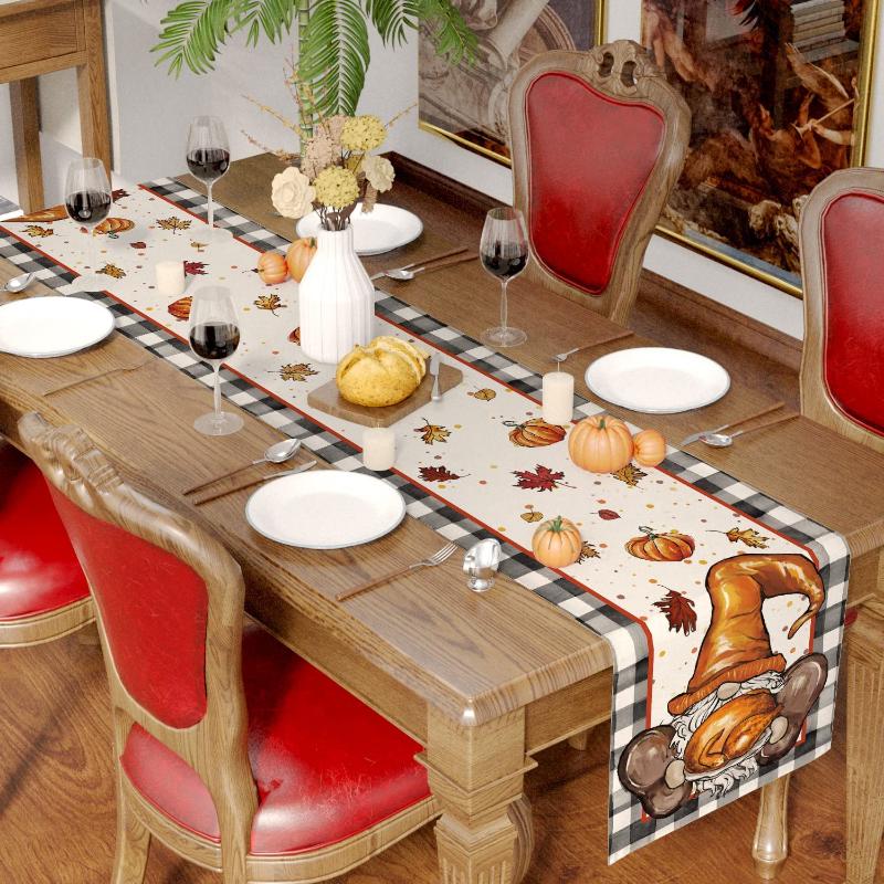 Obrus na Święto Dziękczynienia Bieżnik na stół Krata Buffalo Gnom Dekoracje na Święto Dziękczynienia Dekoracje na stół domowy Prezenty świąteczne