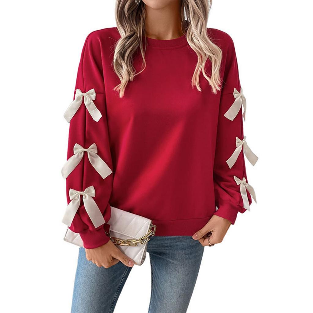 2025 Autumn Winter Women's Red Christmas Sweatshirt Sweet Style Round Neck Bowknot Pullover Top for Women