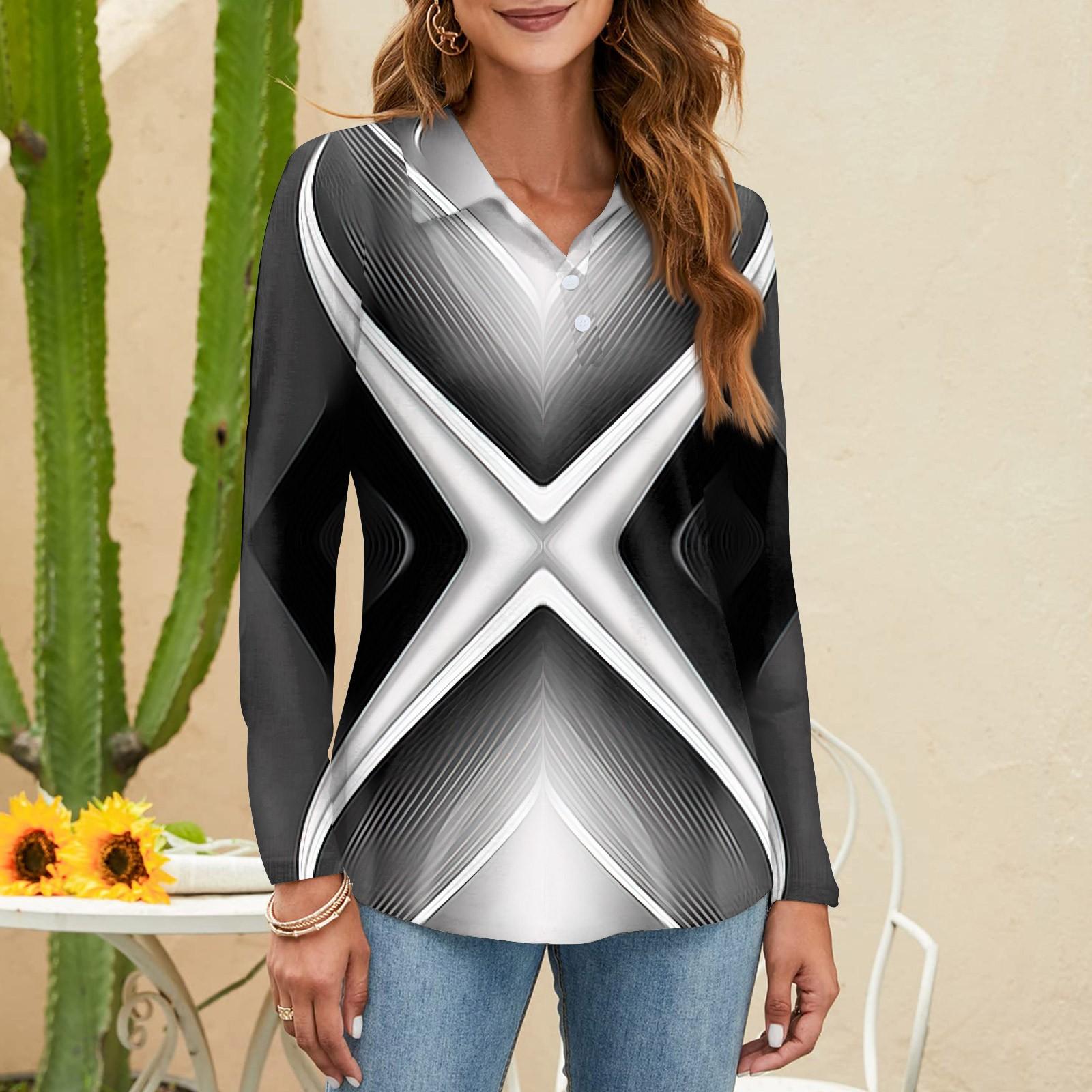 

Женская модная рубашка с принтом, воротник на пуговицах, V-образный вырез, длинный рукав, свободная рубашка, топы XL белый