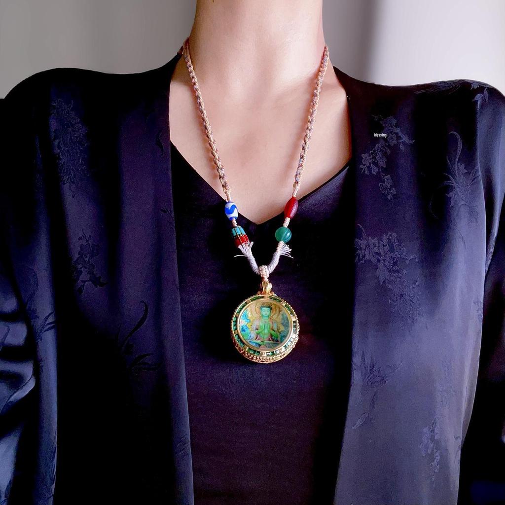 Qinghai Regong Green Tara Hand-painted Ethnic Thangka Pendant