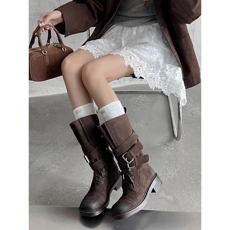 Lan Cabinet 2025 autumn and winter new retro western cowboy boots women's versatile casual mid-tube boots niche locomotive boots