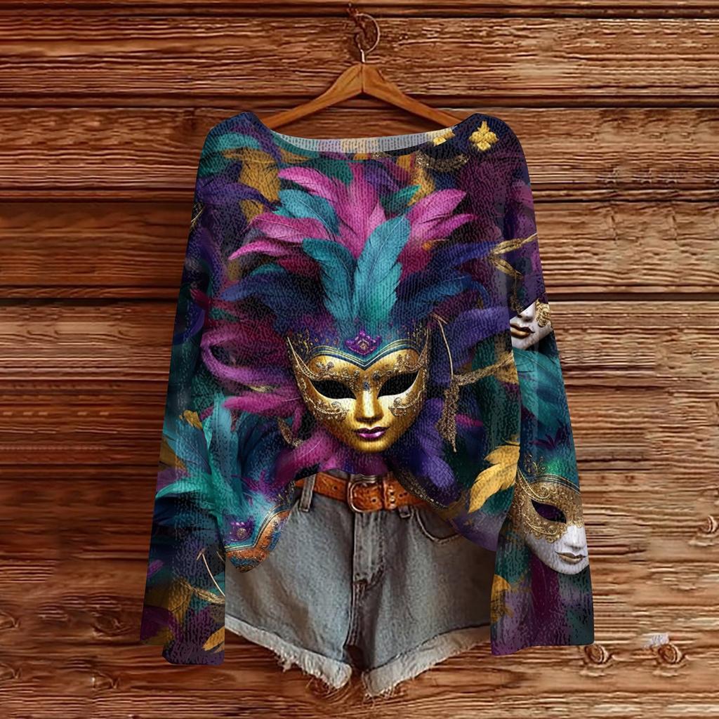 Women's Fashion Round Neck Long Sleeve Print Casual Pullover Sweater Top