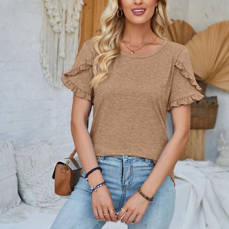 Damen Rundhals-Oberteil Lässiges Patchwork Einfarbiges Lockeres T-Shirt