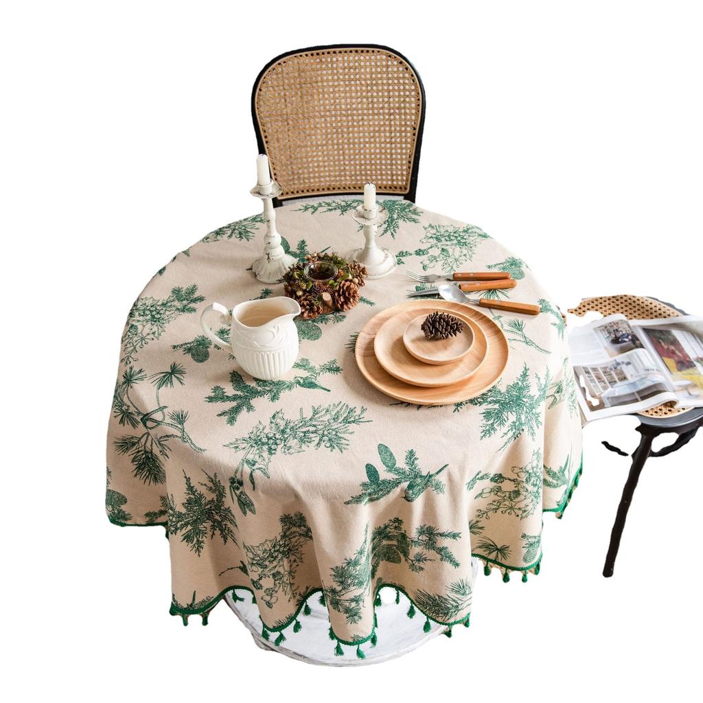Runde Tischdecke mit Tannenzapfen, 59 Zoll, Tischdecke aus Baumwollleinen mit Quasten für Restaurant, Picknick, Tischdecke für den Innenbereich, Heimdekoration, grüne Tischdecke