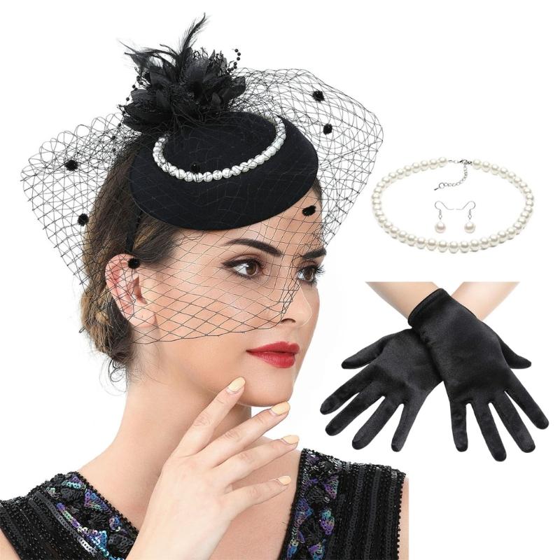 2025 Derby Hat For Women Feather Fascinator Hat and Necklace Earring Lace Short Gloves Set For Teas Party Church Wedding
