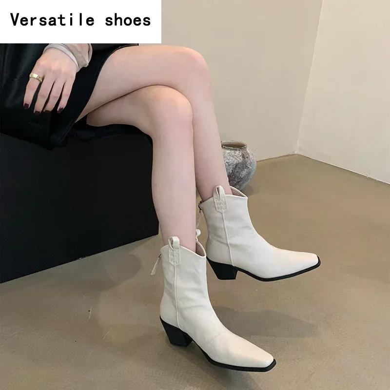 Pointed Toe Women Western Cowgirl Boots Fashion Slip On Shoes Autumn Winter Thick Heel Women's Knight Short Booties