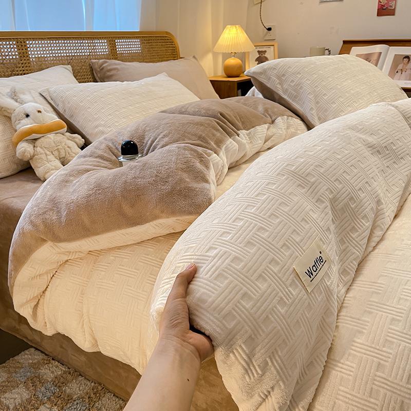 Double-Sided Thickened Milk Coral Fleece Bed Four-Piece Set Fleece Quilt Cover Coral Flannel Bed Sheet Bedding