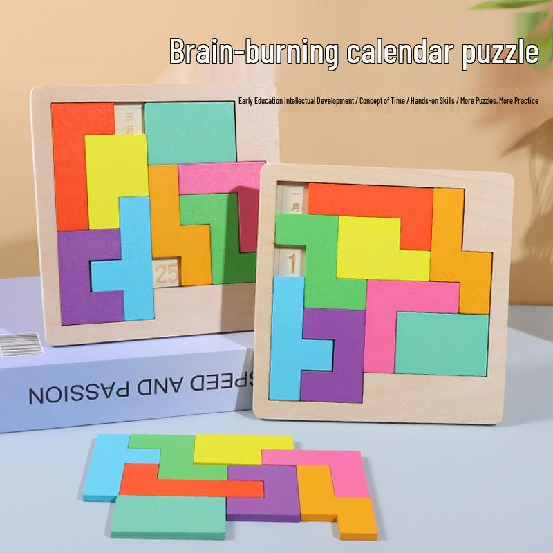 Wooden Brain-Burning Calendar Puzzle Toy for Early Education and Children's Logical Thinking Tetris