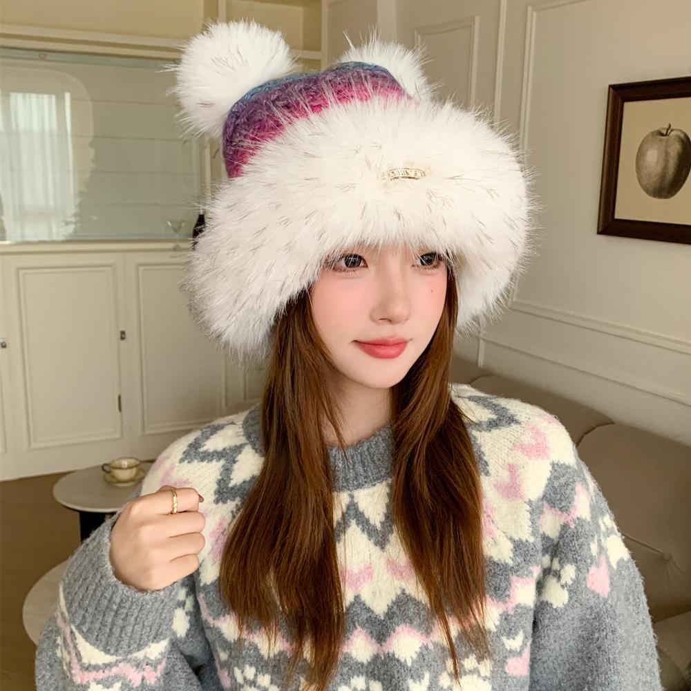 New Women Cute Plush Pompoms Winter Hat Trendy Streetwear Knitted Hat Lovely Dandy Cap For Girls