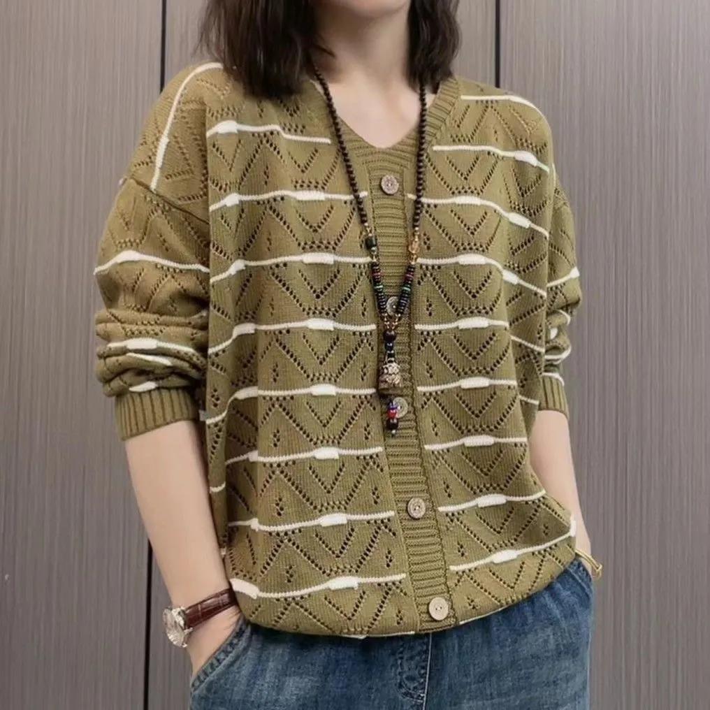 

Жіноча весняна вільна трикотажна сорочка з V-подібним вирізом, темперамент, топ з довгими рукавами 3XL зеленого кольору хакі