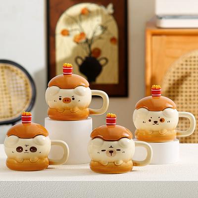 Cute Animal Mug Birthday Gift Souvenir Hamburger Dog Ceramic Cup with Lid Spoon Cup Water Cup Creativity
