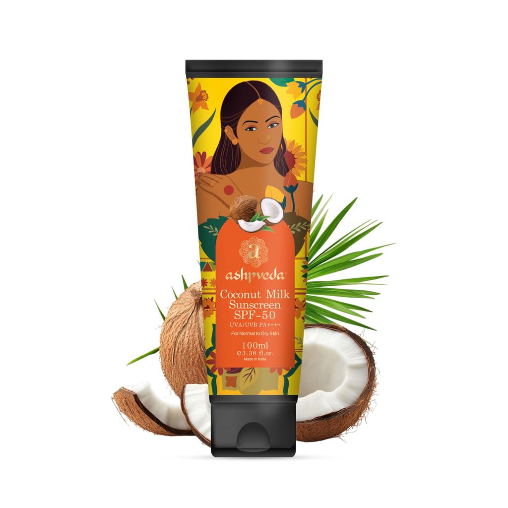 Ashpveda Coconut Milk Sunscreen SPF 50PA++++ | Broad Spectrum UVA/UVB and Blue Light Protection | Hydrating, Lightweight, Fast Absorbing, No White-