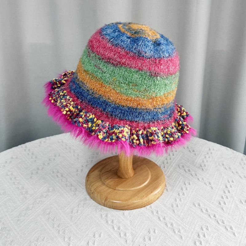 Women Autumn Winter Warm Thicken Ear Protector Hat Cold Velvet Fisherman Hats Sweet Cute Colorful Dopamine Knitted Bucket Cap