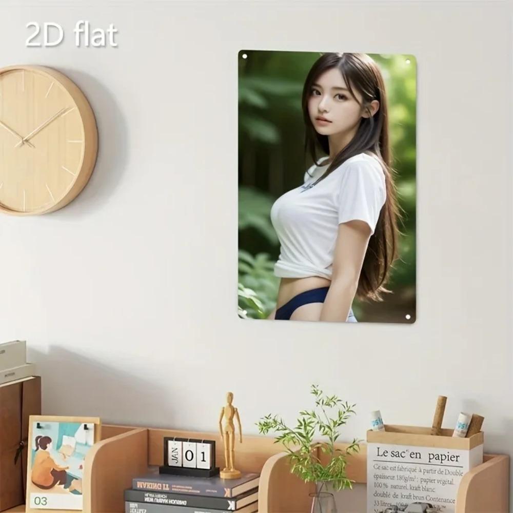 Modern Korean Girl Metal Tin Sign - White Tee Portrait Wall Art for Home, Cafe & Bar