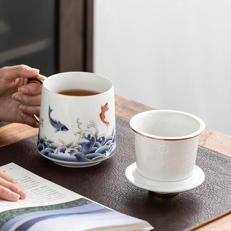 Dehua Ceramic Gold-Traced Fish Design Office Tea Cup
