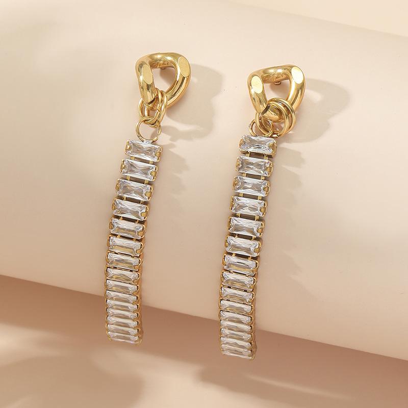 Women's Long Tassel Earrings - Titanium Stainless Steel with Diamond Inlay.