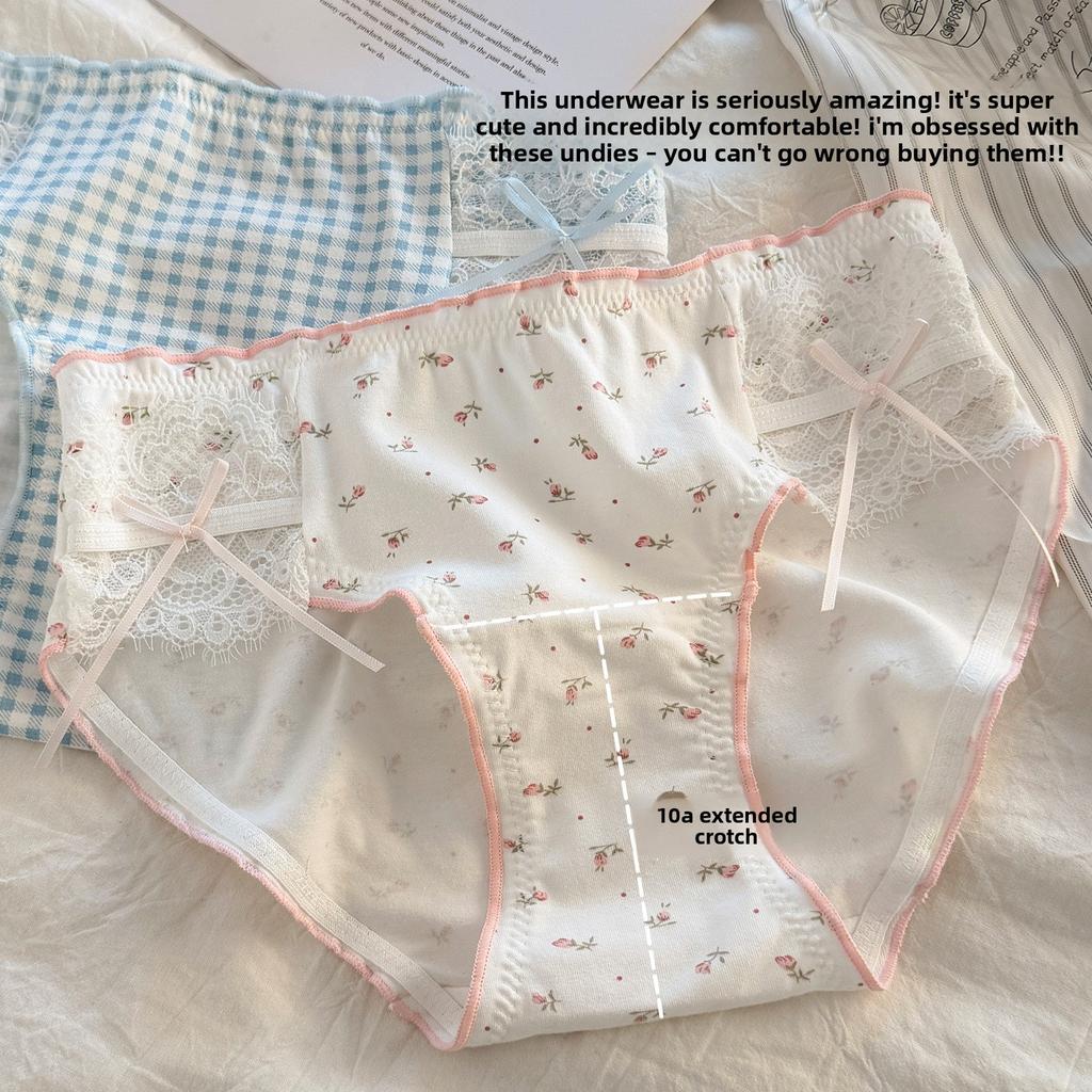 Women's Summer Sweet Floral 10A Antibacterial Cotton Crotch Waist Triangle Briefs