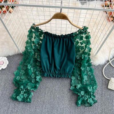 Women Tops One-shoulder Chiffon Shirt See-through Mesh Stitching Loose Waist Cropped Off-the-shoulder Top
