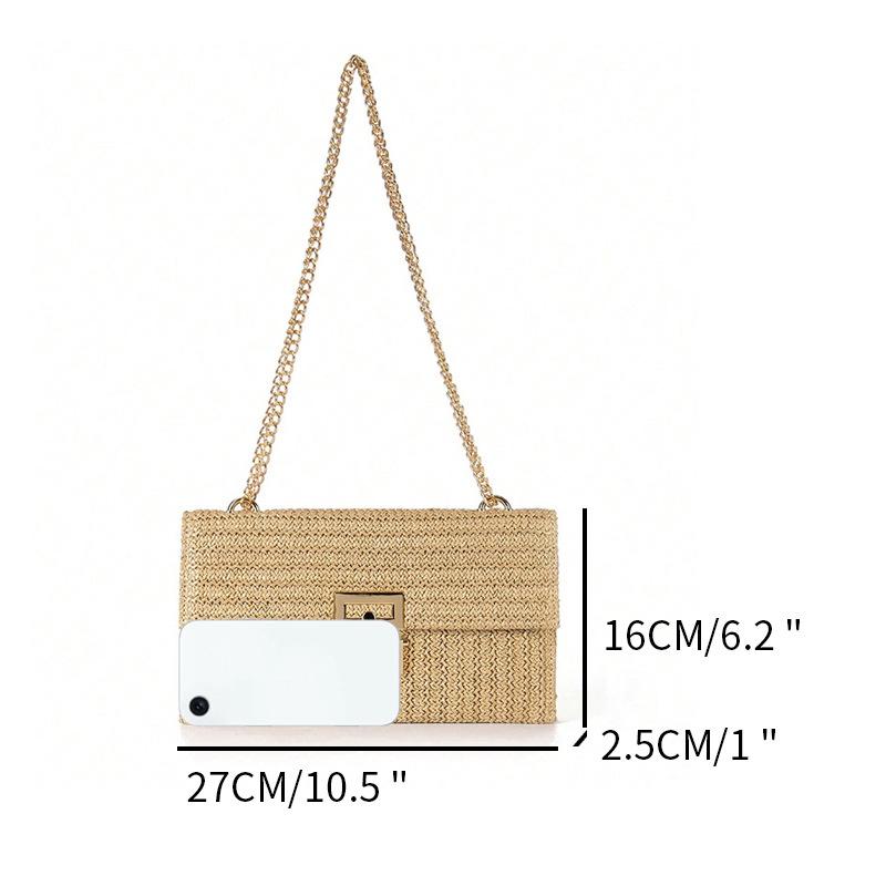 New Vacation Style Multi Layered Chain Flip Lock Straw Woven Bag Shoulder Bag