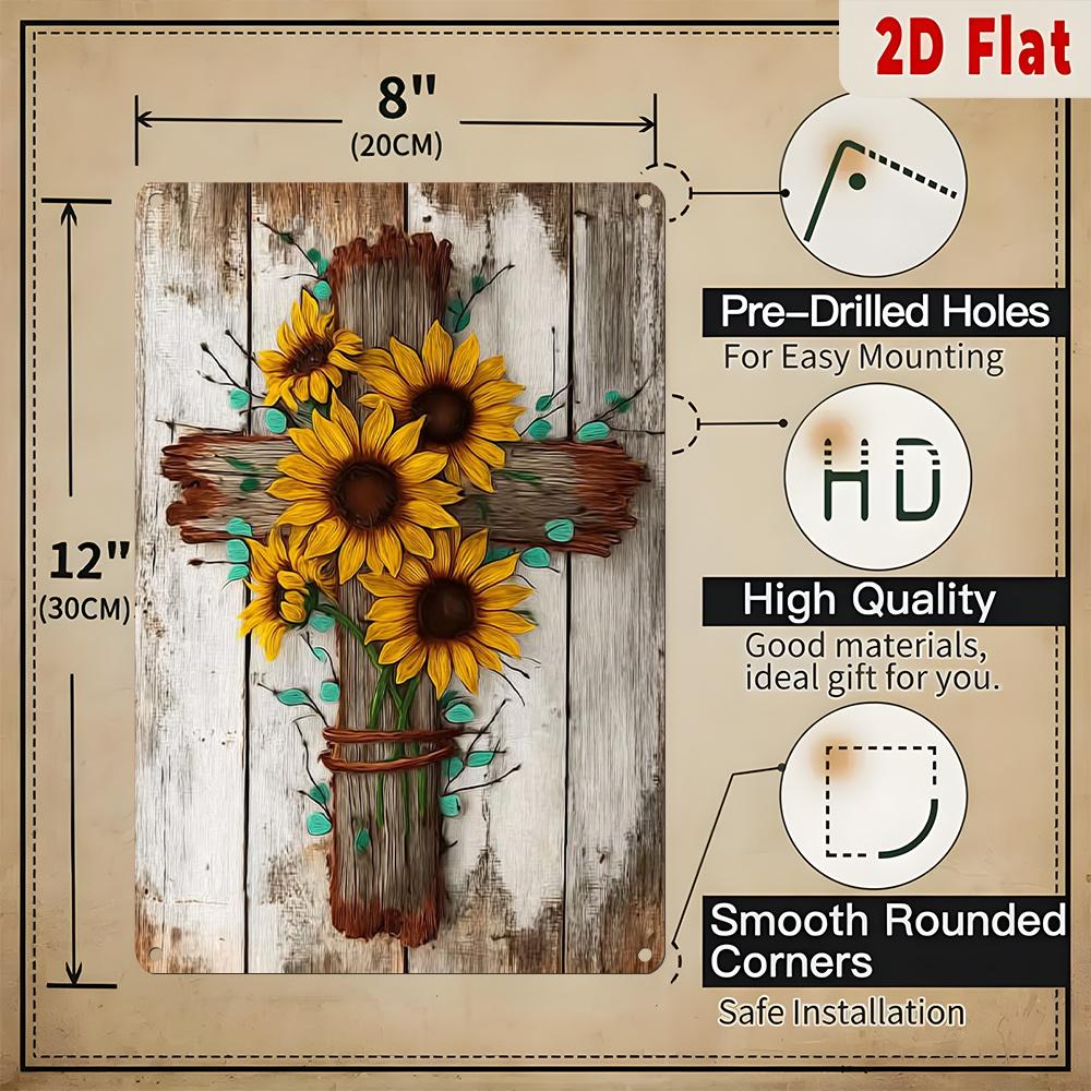 

Sunflower Metal Sign x D Flat Iron Wall Art with Cross Vintage Religious Home Decor Easy Hang Plaque for Holiday Gift 20x30cm（7.8x11.8inch）