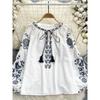 Ethnic Style Retro Machine Embroidery Shoelace Tassel round Neck Loose Slimming Youthful-Looking Puff Sleeve Top Women's Holiday Shirt
