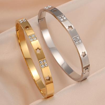 Htpwe Stainless Steel Five-pointed Star Hollow Zirconium Glossy Bracelet Women's Plated 18k Couple Holiday Gift Bracelet Zircon