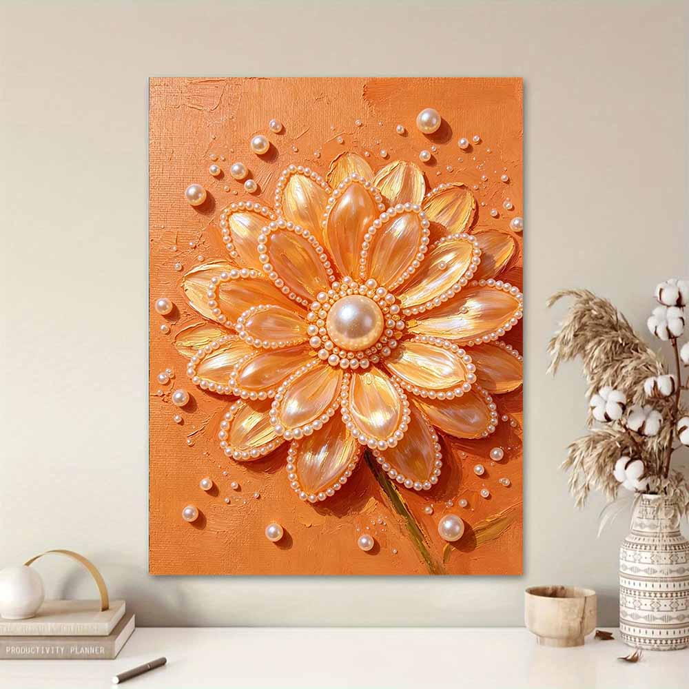 Golden Flower Pearl 5D Pearl Painting Kit with Frame DIY Sparkling Bead Canvas Art Relaxing Craft for Girls Room Decor Creative Hobby Project
