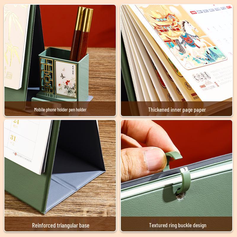 2026 Year of the Horse Leather Desk Calendar with Pen Holder, Custom Logo, Monthly Overview, Multifunctional Office Ornament.