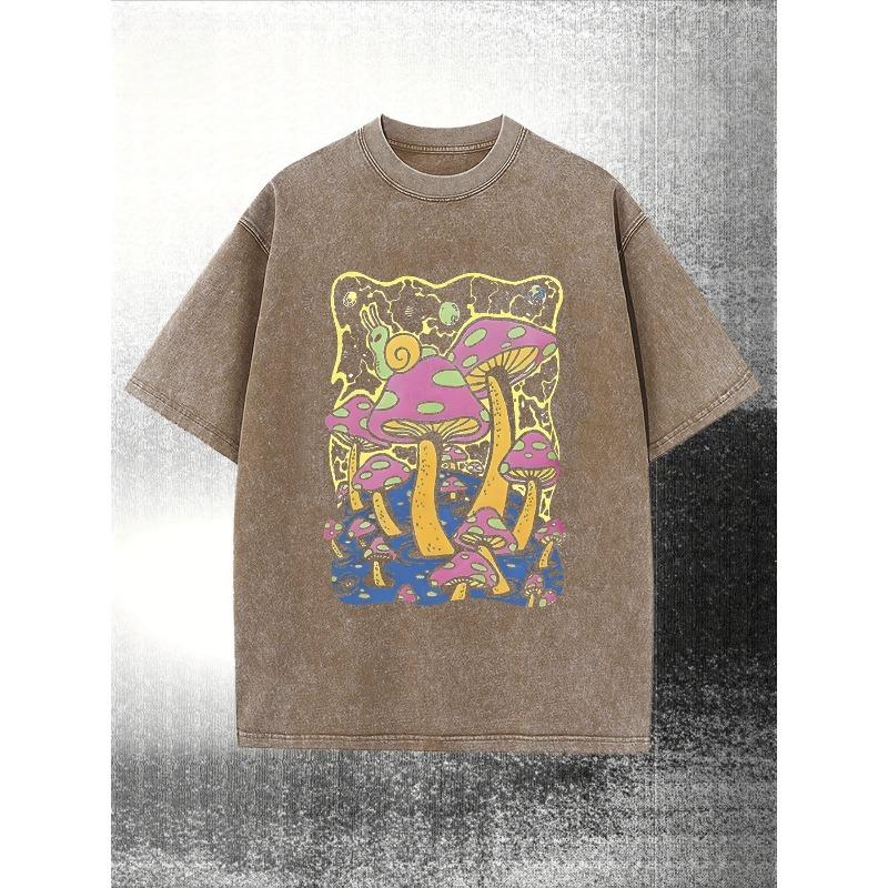 European Size Men's Heavy Duty T-Shirt - Purple Mushroom World Pattern T-Shirt with Neon Green and Blue Accessories T-Shirt