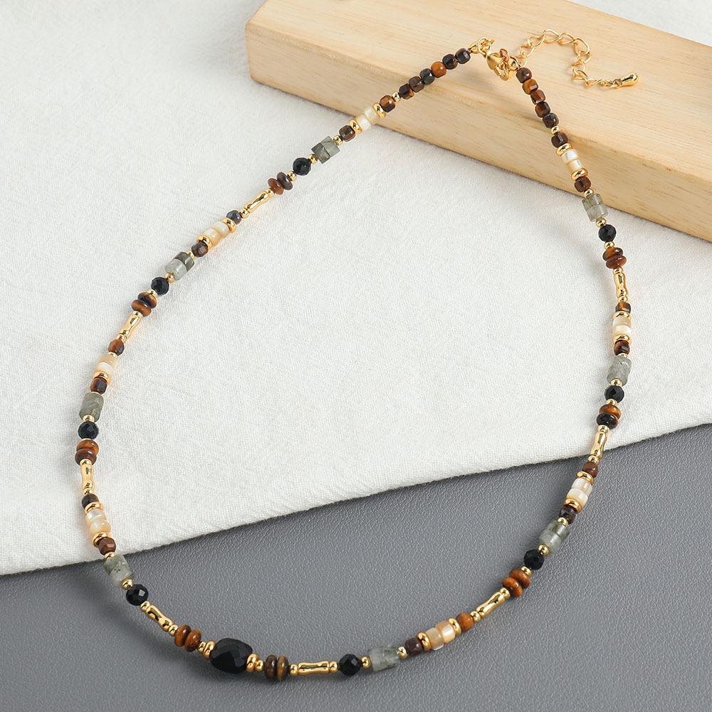 European and American color retro ethnic style natural stone shell handmade beaded necklace niche design versatile collarbone chain
